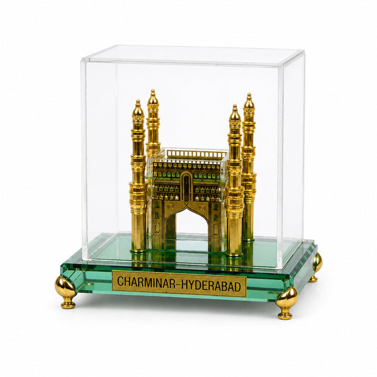 Crystal Charminar Showpiece with Premium Gift Box | Gold Finished Hyderabad Souvenir | Crystal Display Case | Luxury Home Décor & Desk Collectible | Gift for Home, Office & Special Occasions | 3.5 x 3.5 x 3.5 Inches