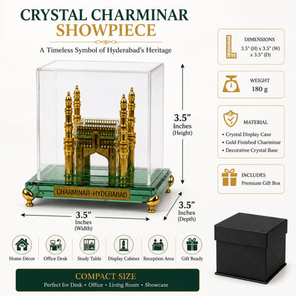 Crystal Charminar Showpiece with Premium Gift Box | Gold Finished Hyderabad Souvenir | Crystal Display Case | Luxury Home Décor & Desk Collectible | Gift for Home, Office & Special Occasions | 3.5 x 3.5 x 3.5 Inches