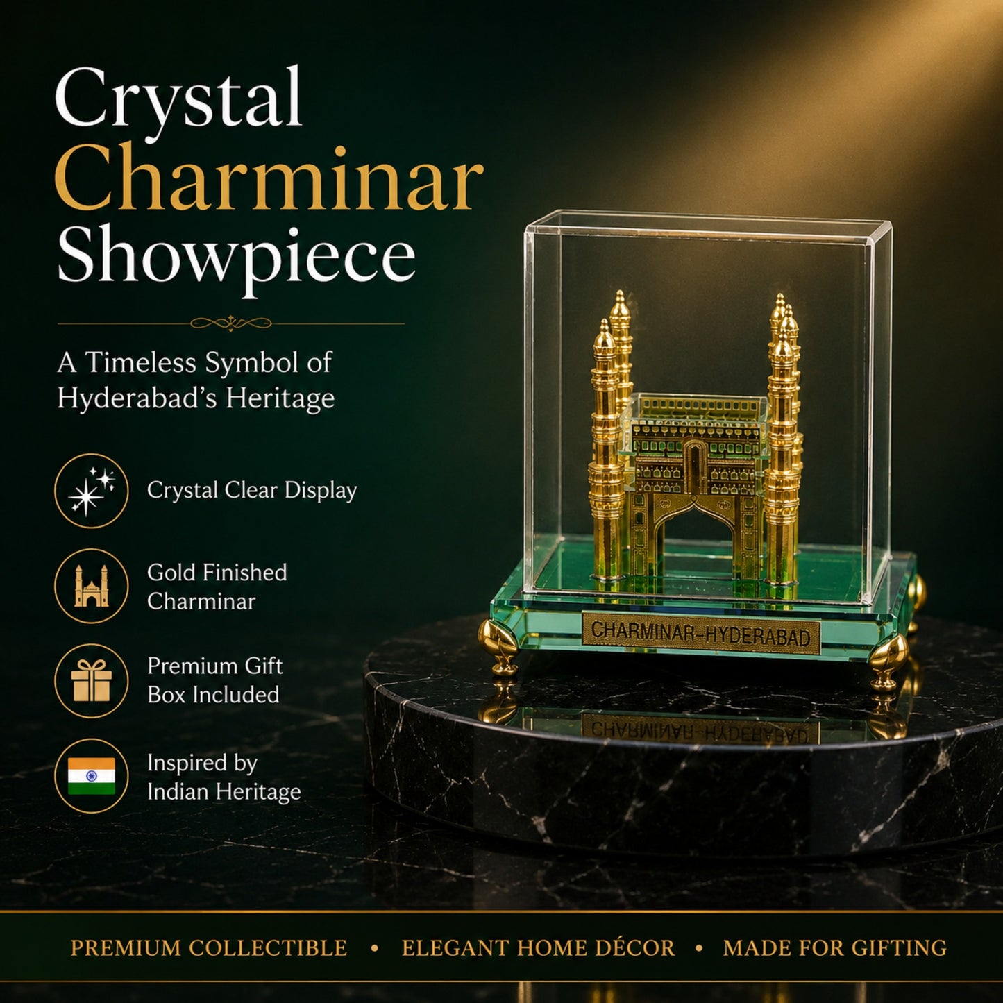 Crystal Charminar Showpiece with Premium Gift Box | Gold Finished Hyderabad Souvenir | Crystal Display Case | Luxury Home Décor & Desk Collectible | Gift for Home, Office & Special Occasions | 3.5 x 3.5 x 3.5 Inches