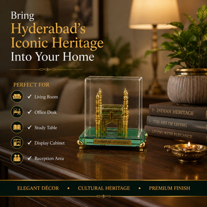 Crystal Charminar Showpiece with Premium Gift Box | Gold Finished Hyderabad Souvenir | Crystal Display Case | Luxury Home Décor & Desk Collectible | Gift for Home, Office & Special Occasions | 3.5 x 3.5 x 3.5 Inches