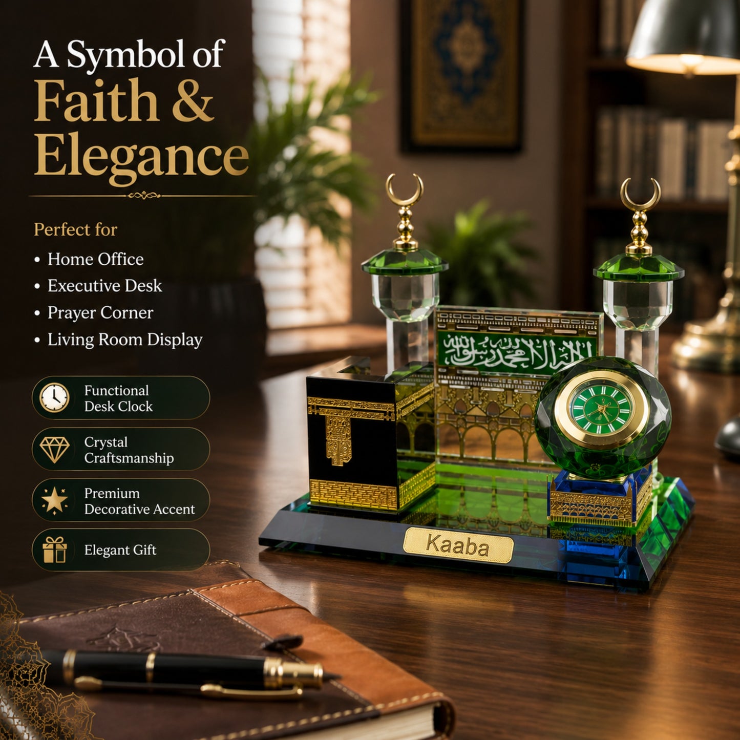Crystal Kaaba Desk Clock Showpiece with Premium Gift Box | Islamic Crystal Table Clock | Mecca Kaaba Decorative Desktop Showpiece | Luxury Eid Ramadan Home Office Gift | 4.5 x 4.5 x 2.5 Inches