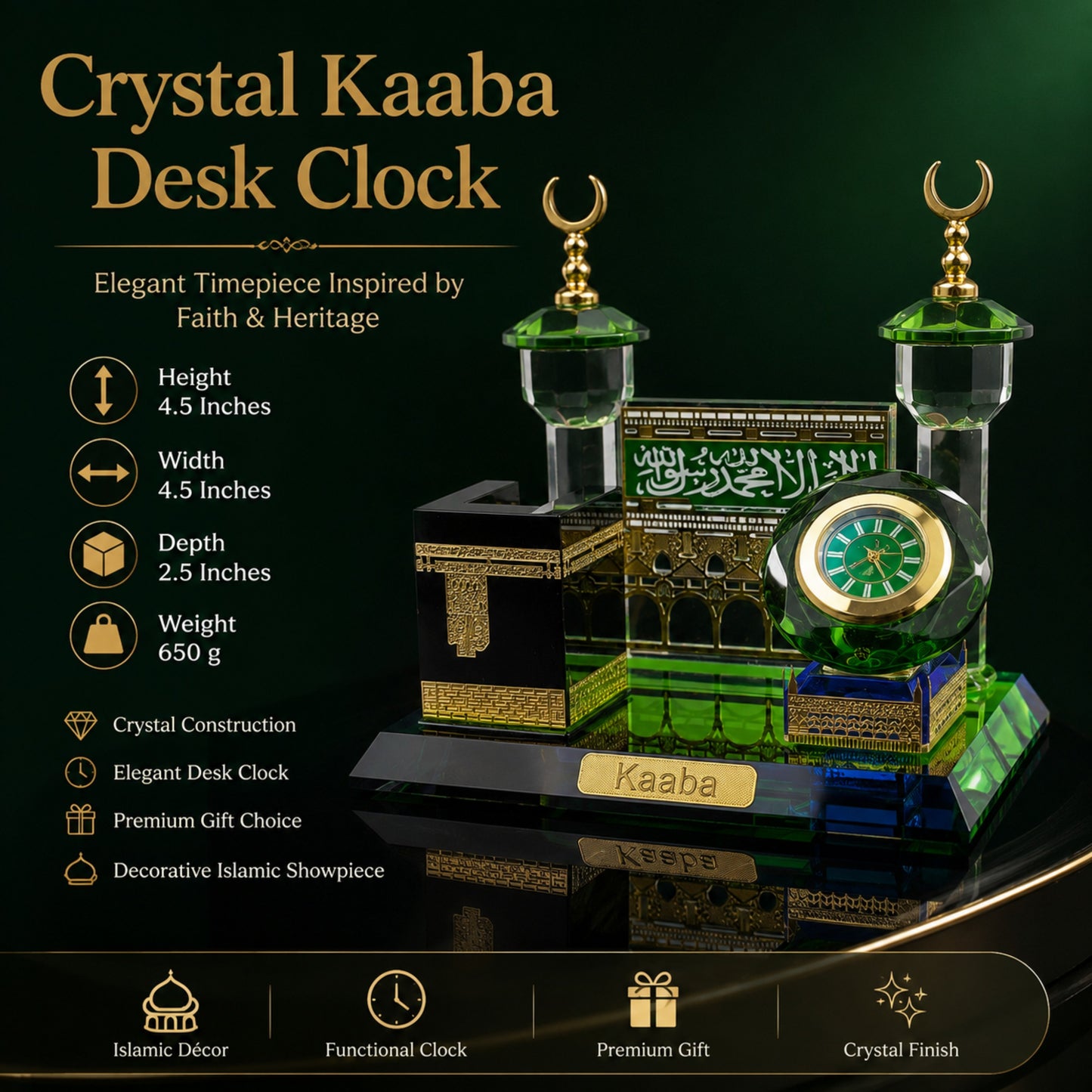 Crystal Kaaba Desk Clock Showpiece with Premium Gift Box | Islamic Crystal Table Clock | Mecca Kaaba Decorative Desktop Showpiece | Luxury Eid Ramadan Home Office Gift | 4.5 x 4.5 x 2.5 Inches
