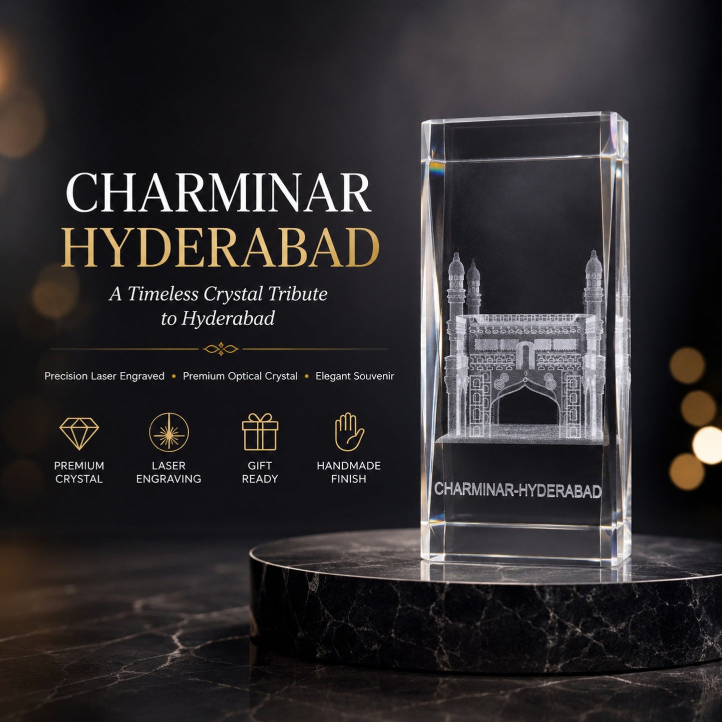 Crystal Charminar Hyderabad Showpiece | Premium Optical Crystal with 3D Laser Engraving | Handmade Souvenir, Home & Office Desk Decor | Gift for Collectors, Corporate Gifting & Hyderabad Lovers | 4.5 x 2 x 2 Inches