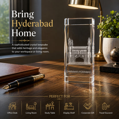 Crystal Charminar Hyderabad Showpiece | Premium Optical Crystal with 3D Laser Engraving | Handmade Souvenir, Home & Office Desk Decor | Gift for Collectors, Corporate Gifting & Hyderabad Lovers | 4.5 x 2 x 2 Inches