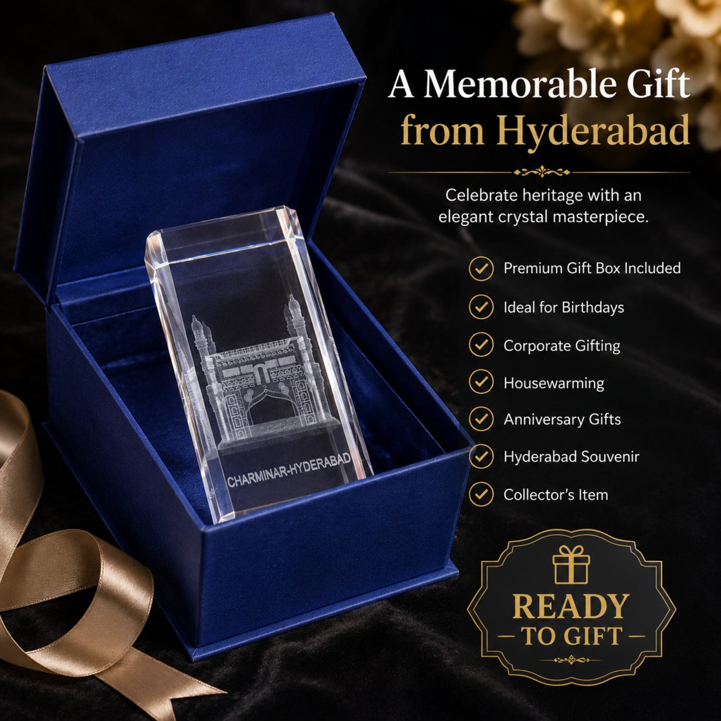 Crystal Charminar Hyderabad Showpiece | Premium Optical Crystal with 3D Laser Engraving | Handmade Souvenir, Home & Office Desk Decor | Gift for Collectors, Corporate Gifting & Hyderabad Lovers | 4.5 x 2 x 2 Inches