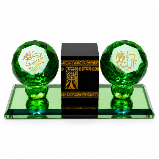 Premium Green Crystal Allah & Muhammad with Kaaba Showpiece | Islamic Home Decor | Elegant Eid Ramadan Gift | Tabletop Decorative Crystal Display | 4.5 x 2.5 x 2.5 Inch