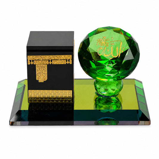 Green Crystal Allah with Kaaba Showpiece | Premium Islamic Crystal Home Décor | Gold Engraved Allah Calligraphy | Elegant Eid Ramadan Gift | Office Desk & Prayer Room Decoration | 3.5 x 2 x 2.5 Inches