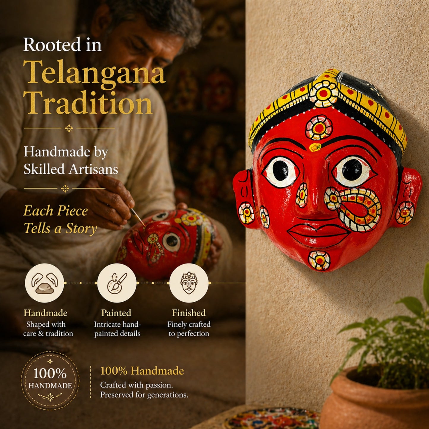 Cheriyal Mask Wall Decor 4x4 Inch – Handcrafted Telangana Art, Traditional Hand-Painted Wooden Face Mask, Ethnic Home Decor, Cultural Gift Item