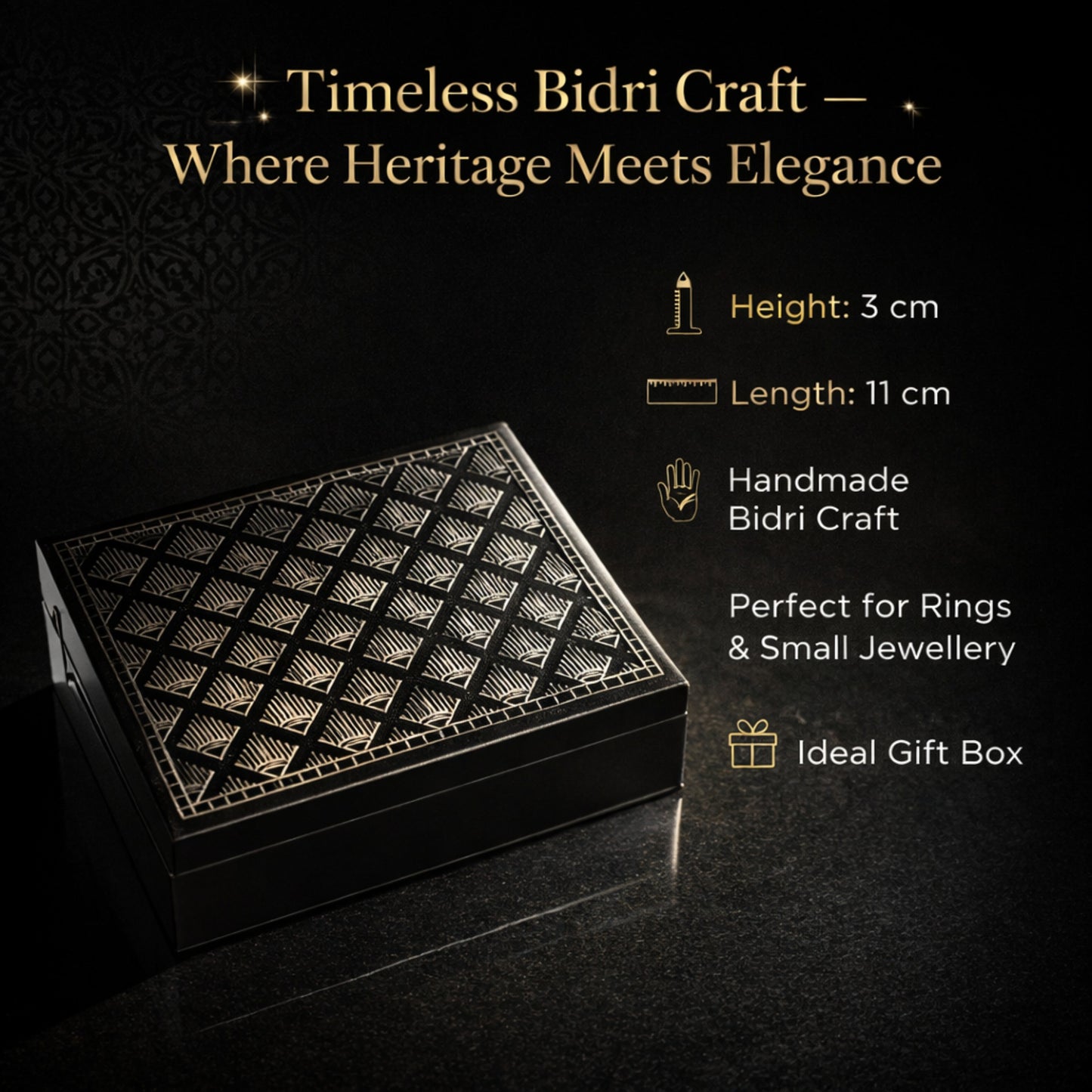 Bidri Craft Jewellery Box – Handmade Silver Inlay Metal Storage Case | Traditional Indian Bidriware Trinket Box for Rings, Earrings & Gifts (11 cm)