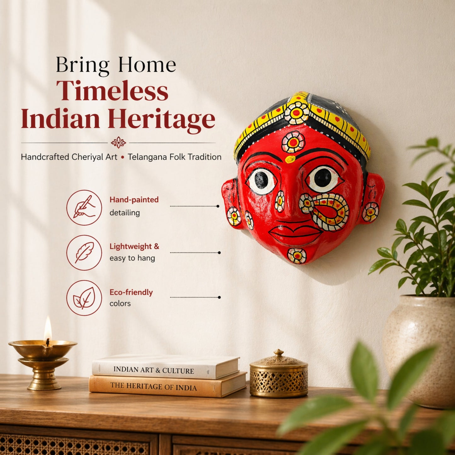 Handmade Cheriyal Mask Wall Hanging – Traditional Indian Folk Art Décor | Hand-Painted Telangana Face Mask | Ethnic Home Wall Decoration | Unique Artisan Gift (7x7 Inch)
