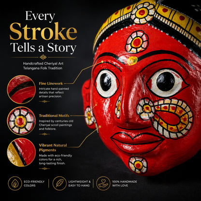 Handmade Cheriyal Mask Wall Hanging – Traditional Indian Folk Art Décor | Hand-Painted Telangana Face Mask | Ethnic Home Wall Decoration | Unique Artisan Gift (7x7 Inch)