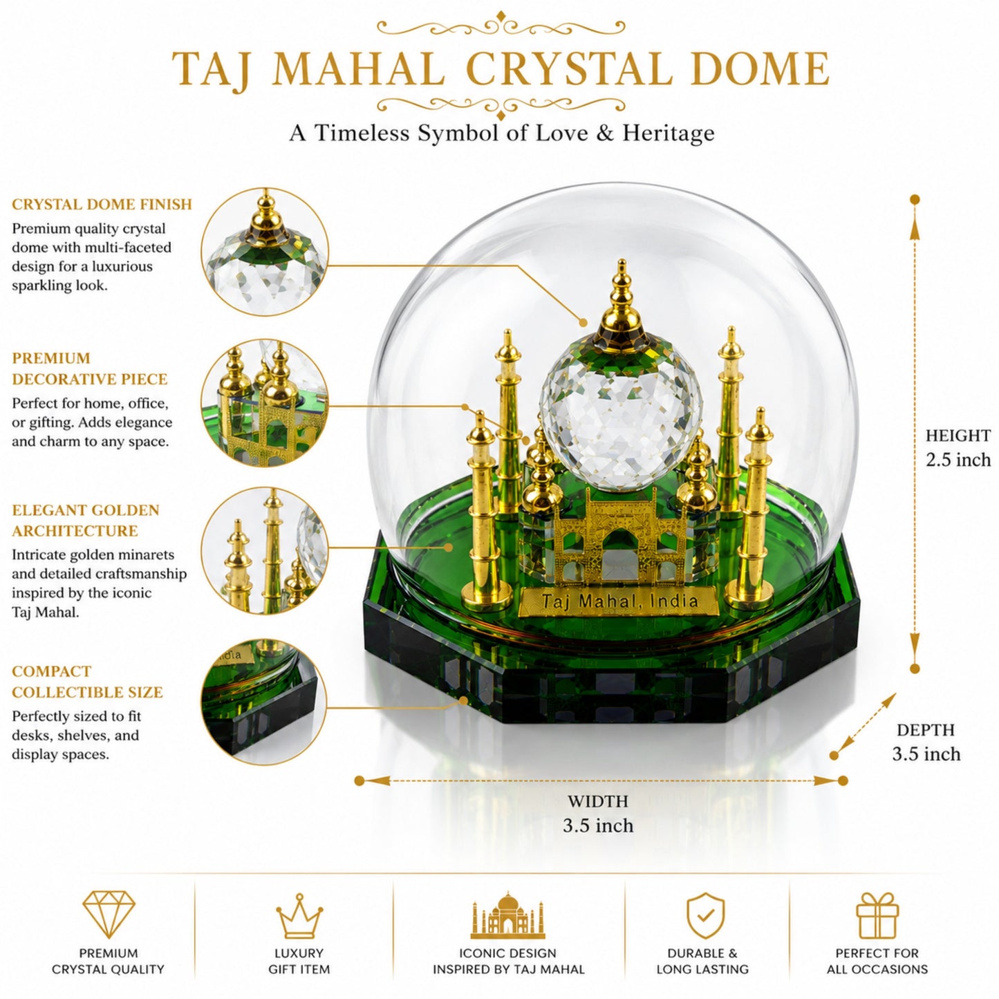 Crystal Taj Mahal Dome Showpiece with Gift Box – Premium Miniature Indian Souvenir & Luxury Home Decor Collectible, Green & Gold Crystal Finish (2.5 x 3.5 x 3.5 Inch)