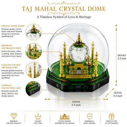 Crystal Taj Mahal Dome Showpiece with Gift Box – Premium Miniature Indian Souvenir & Luxury Home Decor Collectible, Green & Gold Crystal Finish (2.5 x 3.5 x 3.5 Inch)