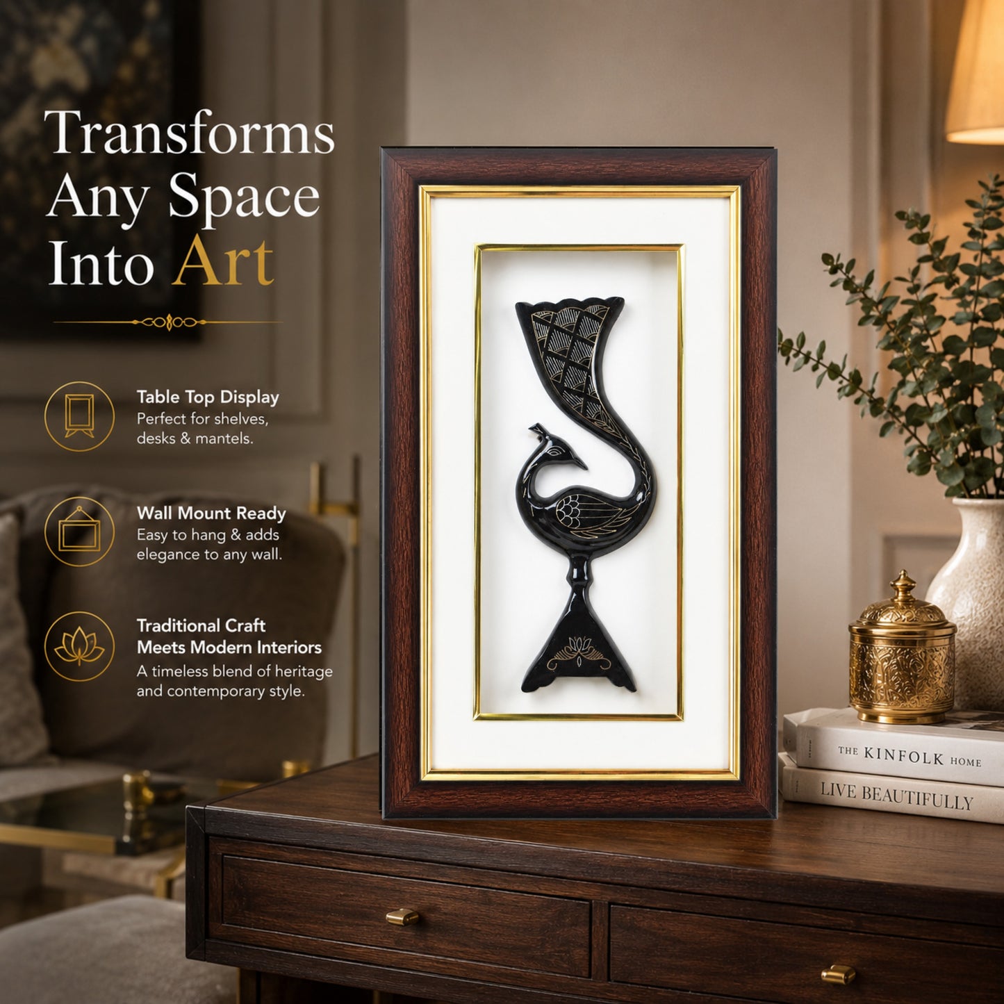Handmade Bidri Art Peacock Wall Hanging & Table Top Decor Frame with Pure Silver & Copper Inlay | Traditional Indian Metal Craft Home Décor Gift | Premium Wooden Frame | Black Finish | 8 x 13.5 x 1.5 Inch