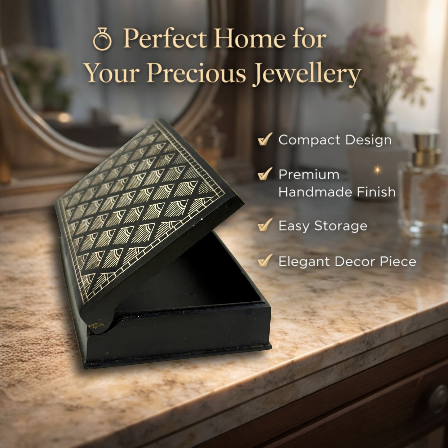 Bidri Craft Jewellery Box – Handmade Silver Inlay Metal Storage Case | Traditional Indian Bidriware Trinket Box for Rings, Earrings & Gifts (11 cm)