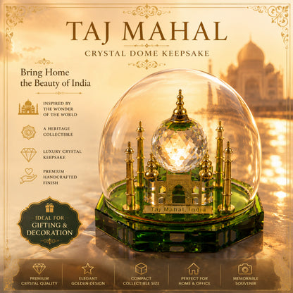 Crystal Taj Mahal Dome Showpiece with Gift Box – Premium Miniature Indian Souvenir & Luxury Home Decor Collectible, Green & Gold Crystal Finish (2.5 x 3.5 x 3.5 Inch)