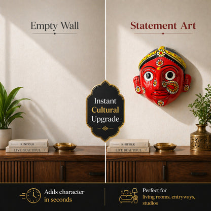 Handmade Cheriyal Mask Wall Hanging – Traditional Indian Folk Art Décor | Hand-Painted Telangana Face Mask | Ethnic Home Wall Decoration | Unique Artisan Gift (7x7 Inch)