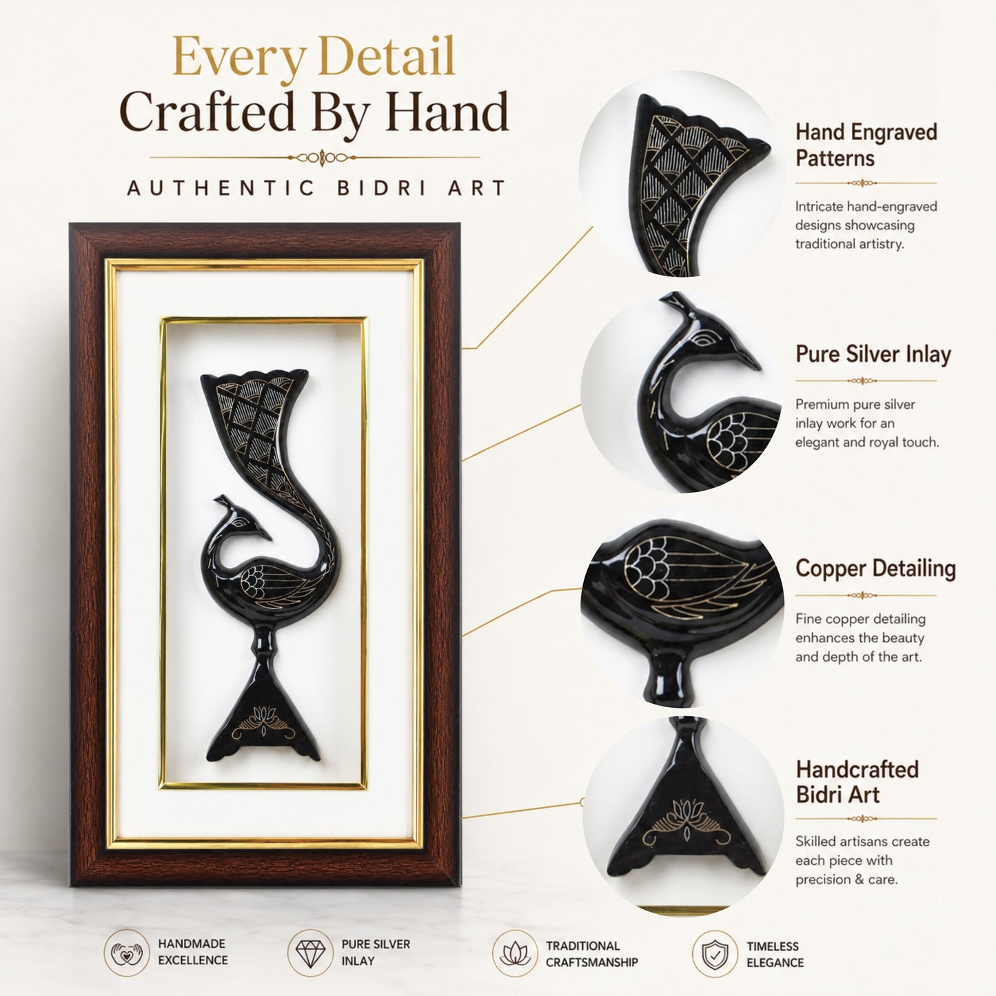Handmade Bidri Art Peacock Wall Hanging & Table Top Decor Frame with Pure Silver & Copper Inlay | Traditional Indian Metal Craft Home Décor Gift | Premium Wooden Frame | Black Finish | 8 x 13.5 x 1.5 Inch