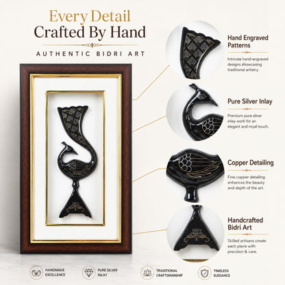 Handmade Bidri Art Peacock Wall Hanging & Table Top Decor Frame with Pure Silver & Copper Inlay | Traditional Indian Metal Craft Home Décor Gift | Premium Wooden Frame | Black Finish | 8 x 13.5 x 1.5 Inch