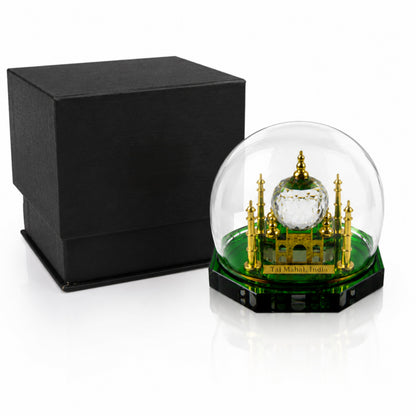 Crystal Taj Mahal Dome Showpiece with Gift Box – Premium Miniature Indian Souvenir & Luxury Home Decor Collectible, Green & Gold Crystal Finish (2.5 x 3.5 x 3.5 Inch)