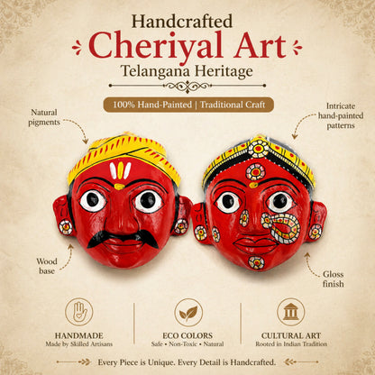 Handmade Cheriyal Mask Wall Decor Set (4x4 Inch) – Traditional Indian Art, Cultural Face Masks, Ethnic Home Decoration Pair