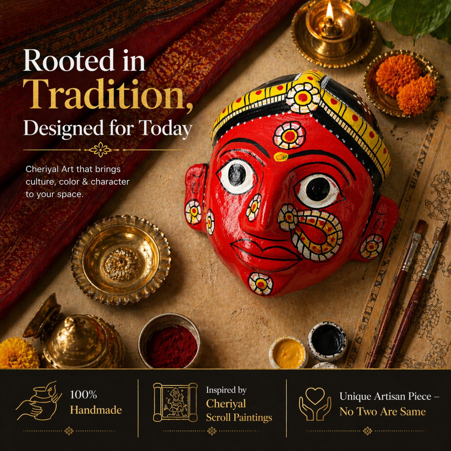 Handmade Cheriyal Mask Wall Hanging – Traditional Indian Folk Art Décor | Hand-Painted Telangana Face Mask | Ethnic Home Wall Decoration | Unique Artisan Gift (7x7 Inch)