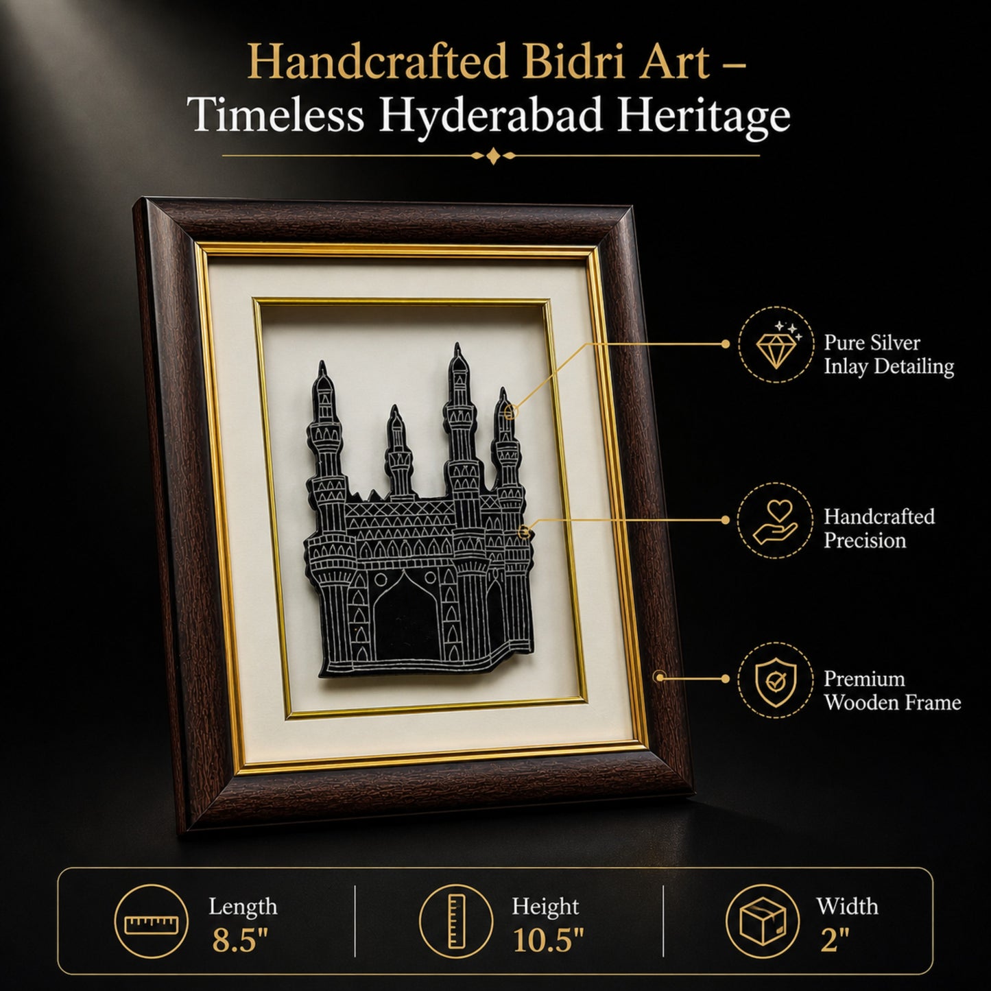 Bidri Art Charminar Frame with Pure Silver Inlay – Handcrafted Hyderabad Wall Décor & Tabletop Showpiece | Wooden Frame | 2-in-1 Wall Mount & Stand | Premium Gift (8.5 x 10.5 x 2 Inch)