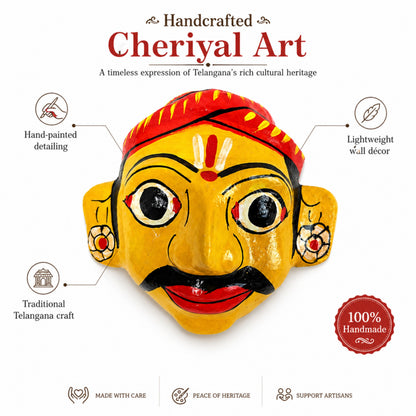 Handcrafted Cheriyal Mask Wall Décor | Traditional Telangana Folk Art | Lightweight Decorative Wall Hanging | 4 Inches
