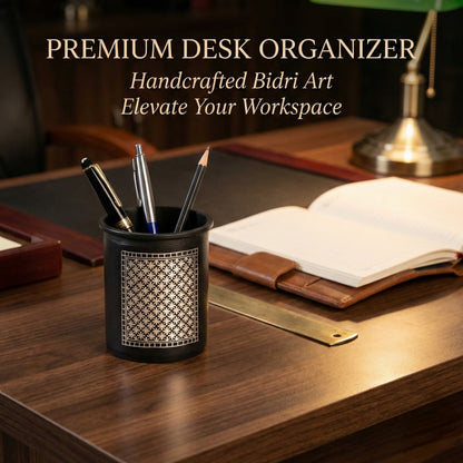 RUSTIQUE WONDERS INDIAN HANDICRAFTS Handcrafted Bidricraft Pen Stand with Pure Silver Inlay, Black Zinc Alloy Desk Organizer, 3 Inch Height, Premium Authentic Bidri Art