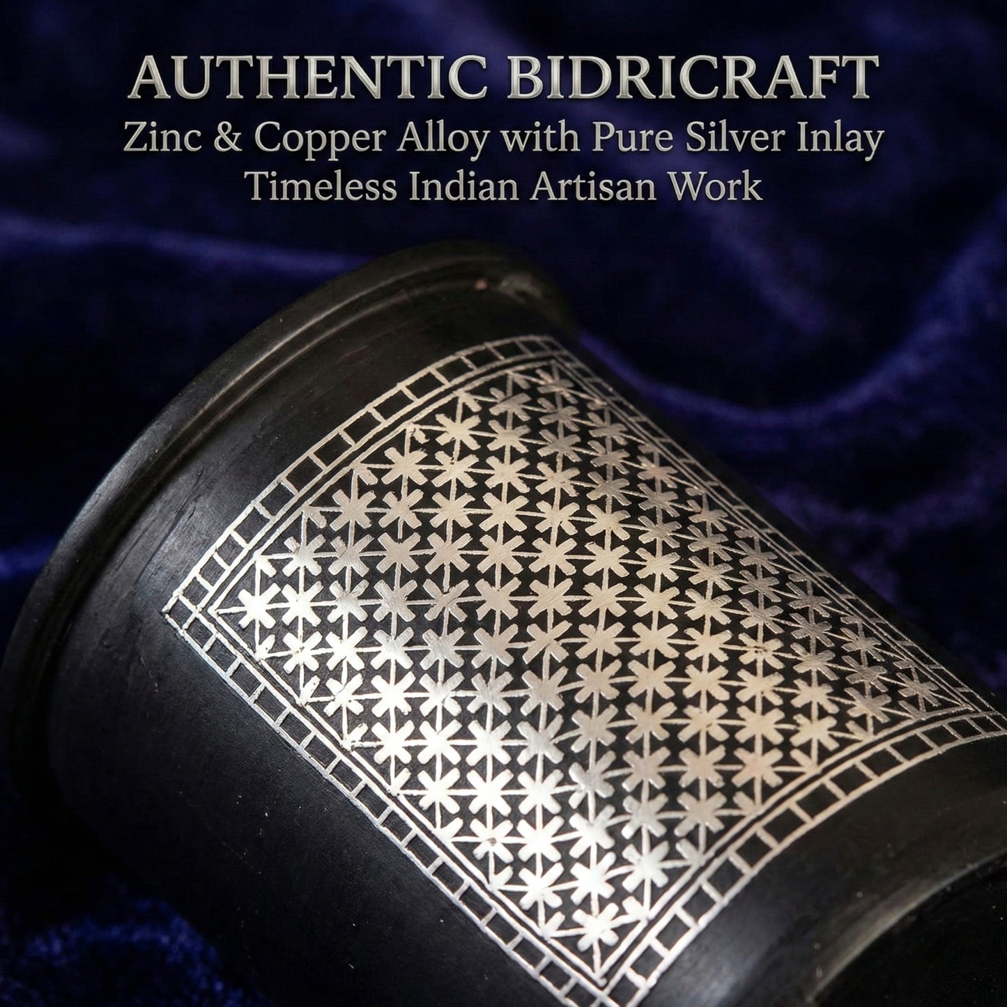 RUSTIQUE WONDERS INDIAN HANDICRAFTS Handcrafted Bidricraft Pen Stand with Pure Silver Inlay, Black Zinc Alloy Desk Organizer, 3 Inch Height, Premium Authentic Bidri Art