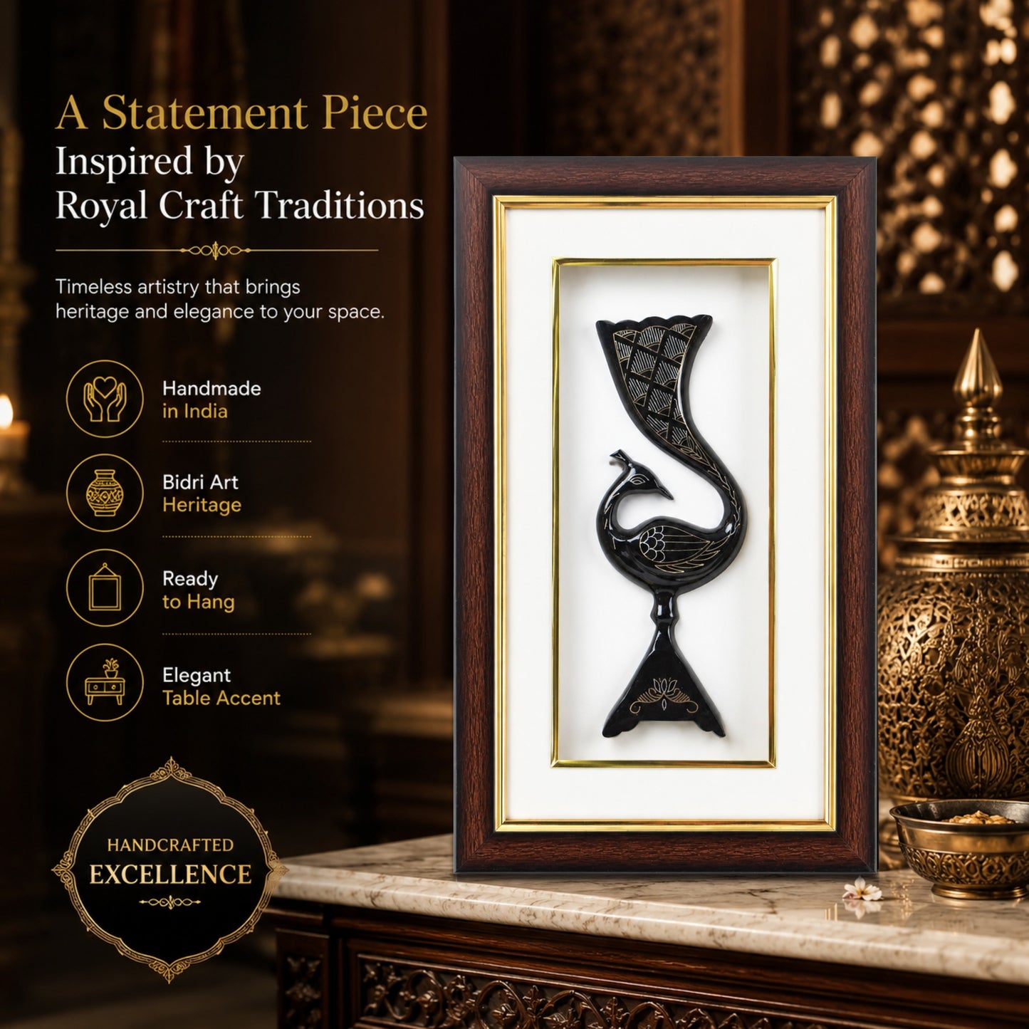 Handmade Bidri Art Peacock Wall Hanging & Table Top Decor Frame with Pure Silver & Copper Inlay | Traditional Indian Metal Craft Home Décor Gift | Premium Wooden Frame | Black Finish | 8 x 13.5 x 1.5 Inch