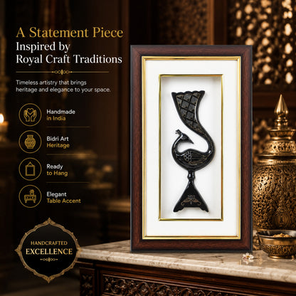 Handmade Bidri Art Peacock Wall Hanging & Table Top Decor Frame with Pure Silver & Copper Inlay | Traditional Indian Metal Craft Home Décor Gift | Premium Wooden Frame | Black Finish | 8 x 13.5 x 1.5 Inch