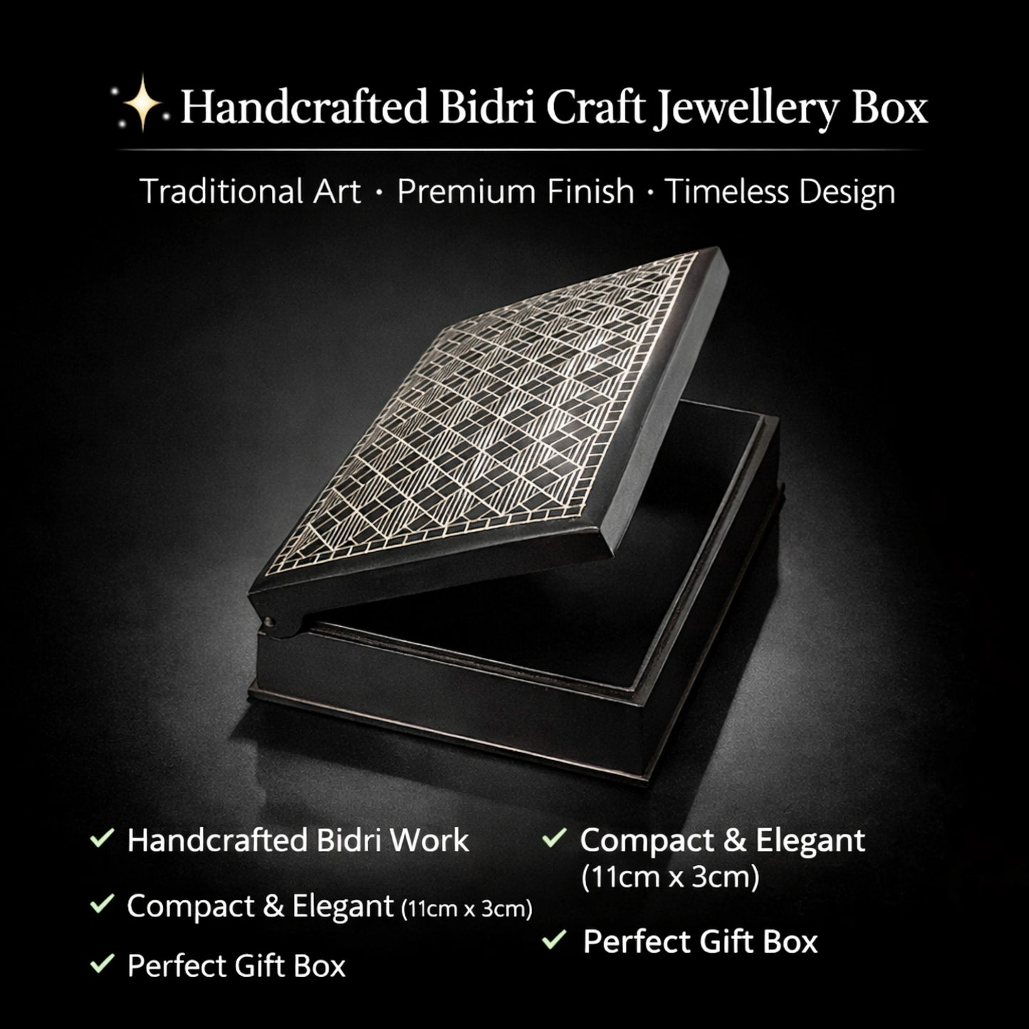 Bidriware Jewellery Box Handmade – Silver Inlay Metal Storage Box | Decorative Trinket Organizer for Rings, Earrings & Wedding Gifts