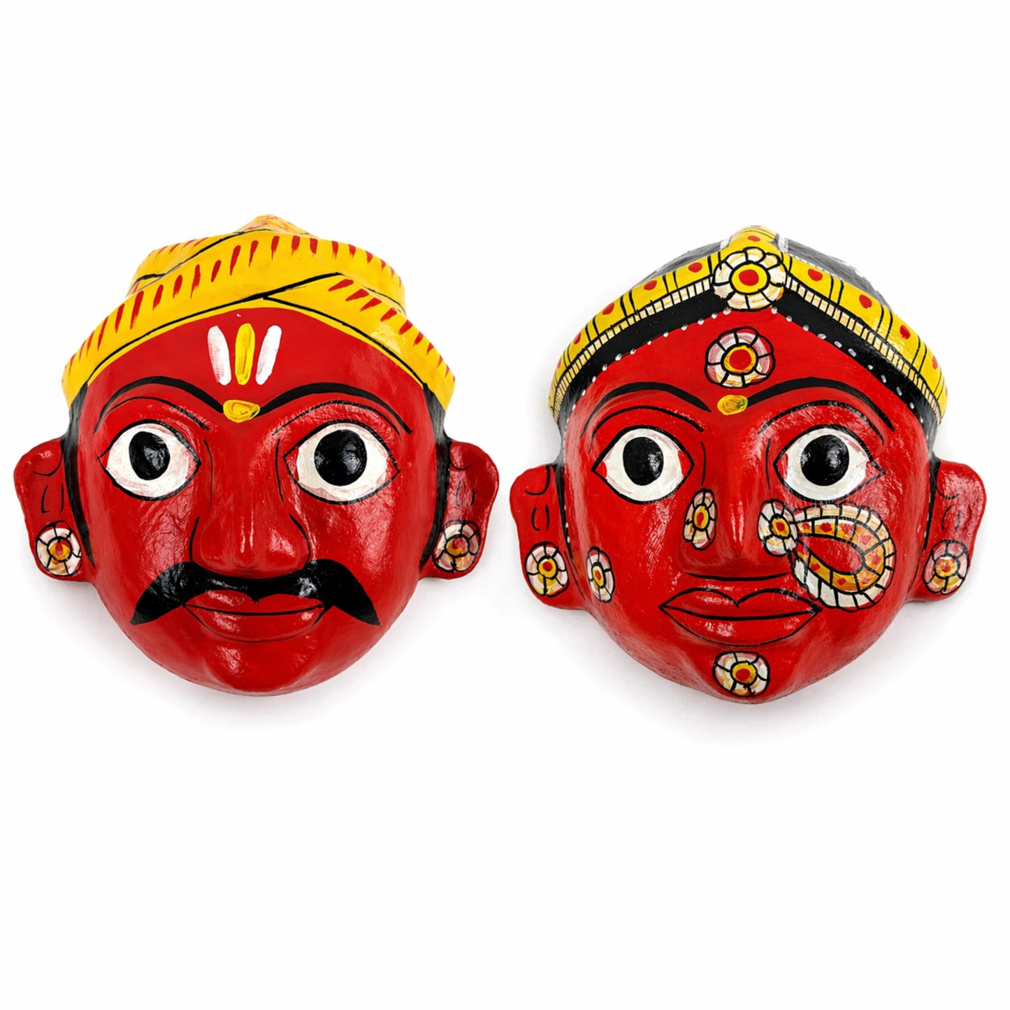 Cheriyal Mask Wall Decor Male & Female Combo ( 7x7 Inch Each) | Handcrafted Indian Folk Art | Traditional Hand-Painted Ethnic Wall Hanging | Festive Home Decoration