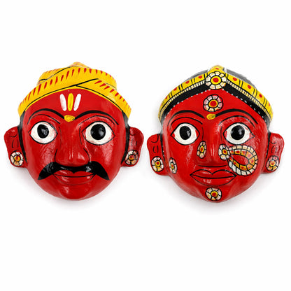 Cheriyal Mask Wall Decor Male & Female Combo ( 7x7 Inch Each) | Handcrafted Indian Folk Art | Traditional Hand-Painted Ethnic Wall Hanging | Festive Home Decoration