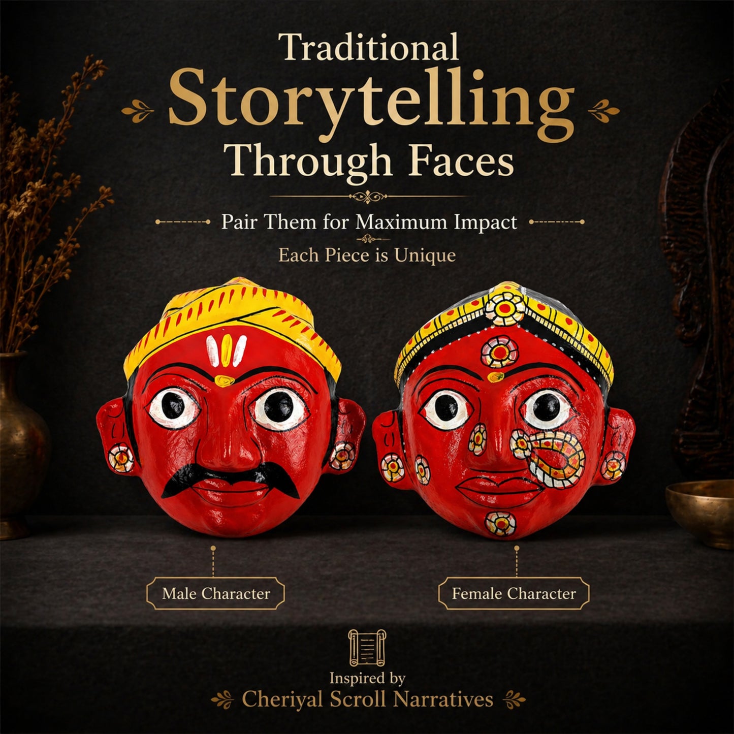 Handmade Cheriyal Mask Wall Decor Set (4x4 Inch) – Traditional Indian Art, Cultural Face Masks, Ethnic Home Decoration Pair