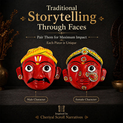 Handmade Cheriyal Mask Wall Decor Set (4x4 Inch) – Traditional Indian Art, Cultural Face Masks, Ethnic Home Decoration Pair