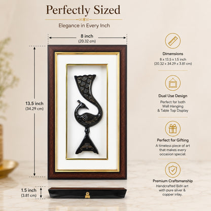 Handmade Bidri Art Peacock Wall Hanging & Table Top Decor Frame with Pure Silver & Copper Inlay | Traditional Indian Metal Craft Home Décor Gift | Premium Wooden Frame | Black Finish | 8 x 13.5 x 1.5 Inch
