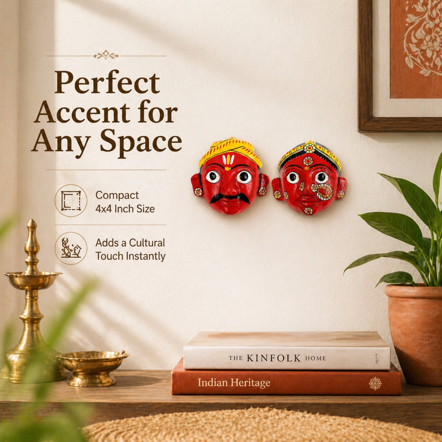 Handmade Cheriyal Mask Wall Decor Set (4x4 Inch) – Traditional Indian Art, Cultural Face Masks, Ethnic Home Decoration Pair