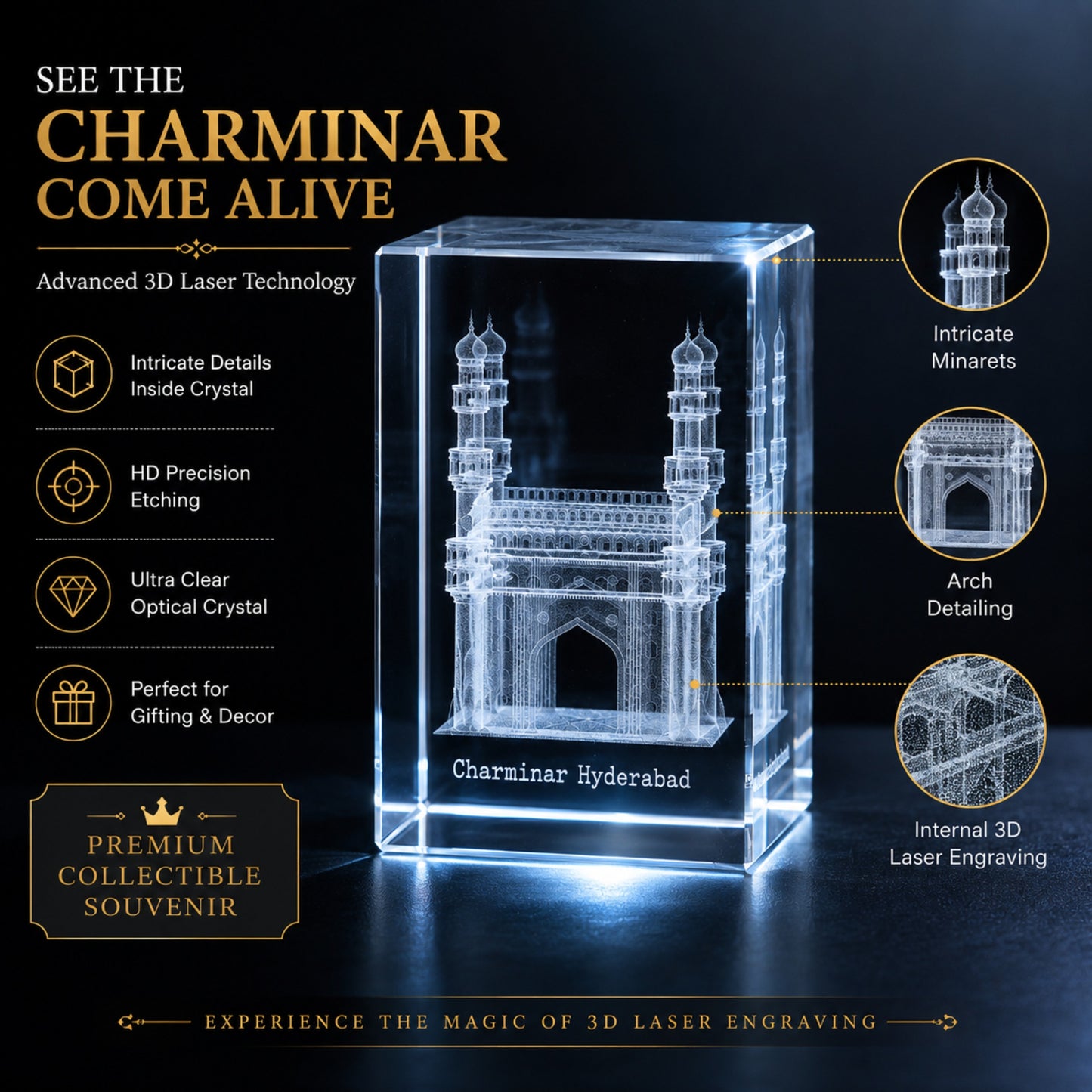 3D Crystal Charminar Hyderabad Souvenir Gift – Premium Laser Engraved Optical Crystal Collectible Showpiece for Home & Office Décor (3 x 2 x 2 Inch)