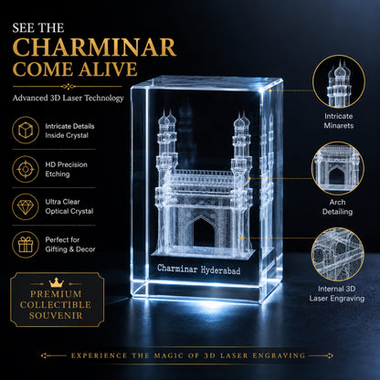 3D Crystal Charminar Hyderabad Souvenir Gift – Premium Laser Engraved Optical Crystal Collectible Showpiece for Home & Office Décor (3 x 2 x 2 Inch)