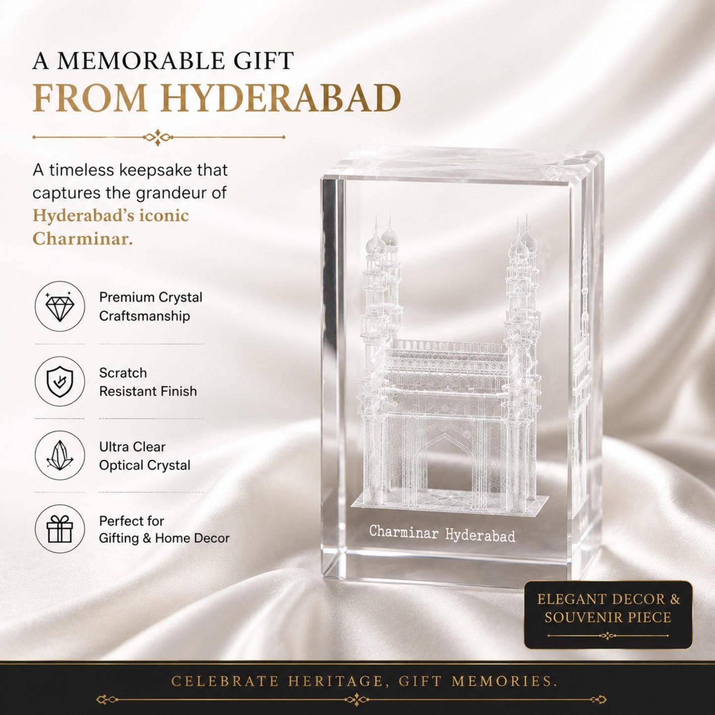 3D Crystal Charminar Hyderabad Souvenir Gift – Premium Laser Engraved Optical Crystal Collectible Showpiece for Home & Office Décor (3 x 2 x 2 Inch)