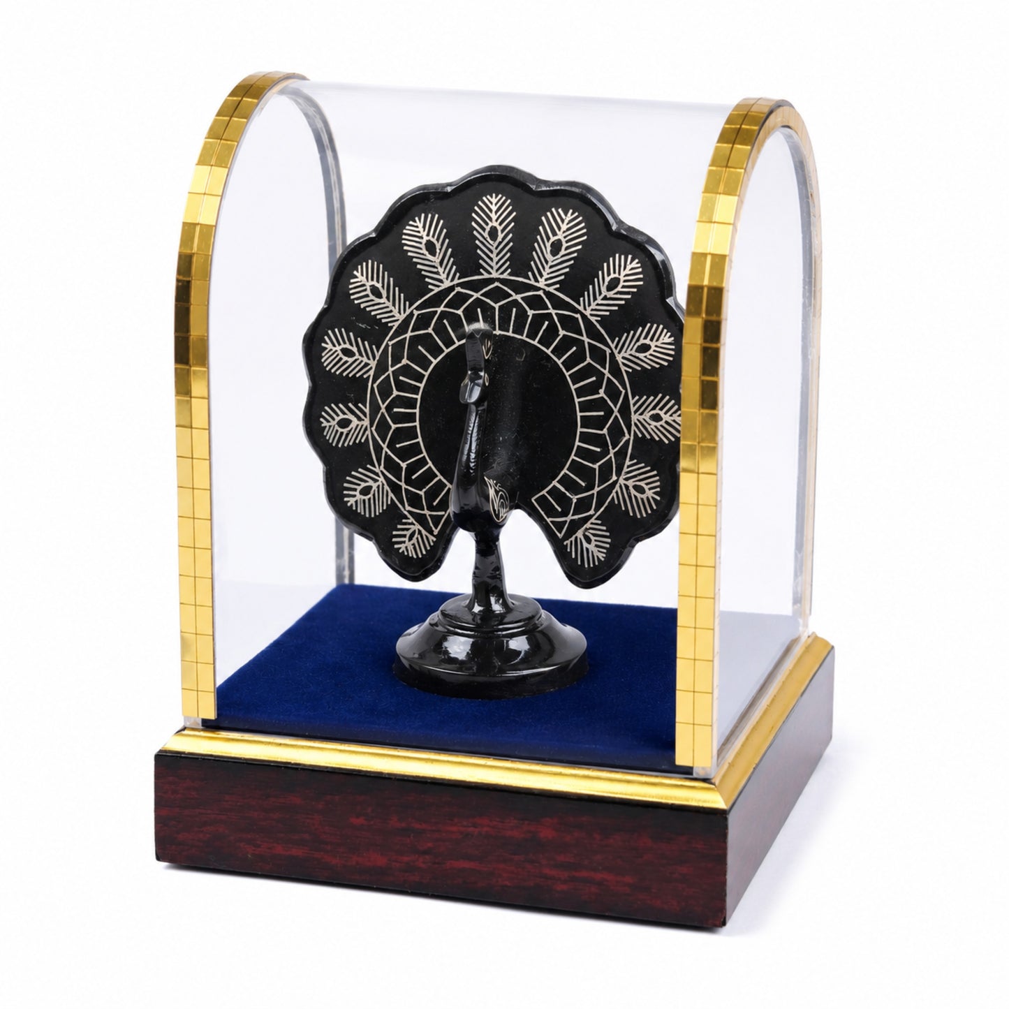 Handmade Bidri Art Peacock Showpiece with Pure Silver Inlay in Protective Dome for Home Décor & Luxury Gifting – 4 x 5.5 x 4 Inch