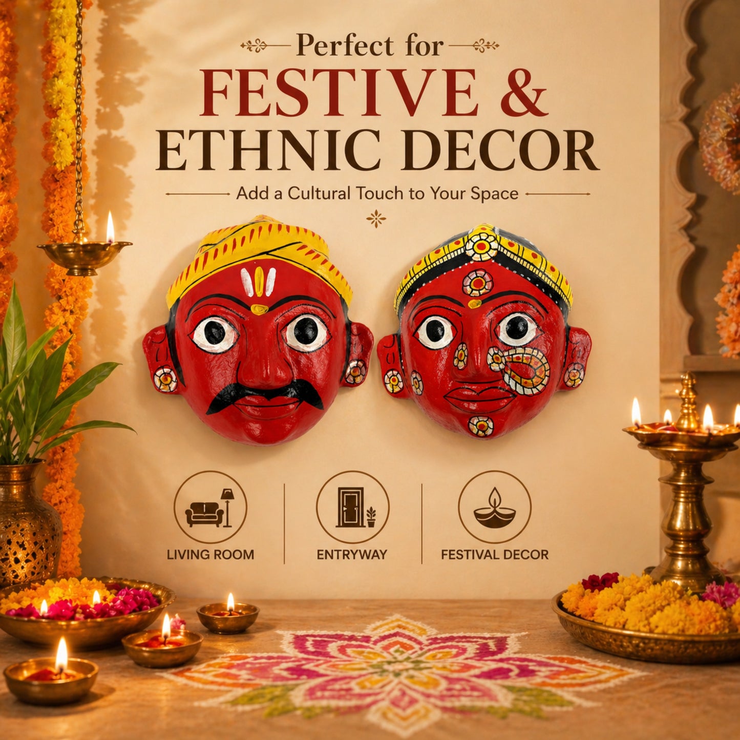 Cheriyal Mask Wall Decor Male & Female Combo ( 7x7 Inch Each) | Handcrafted Indian Folk Art | Traditional Hand-Painted Ethnic Wall Hanging | Festive Home Decoration