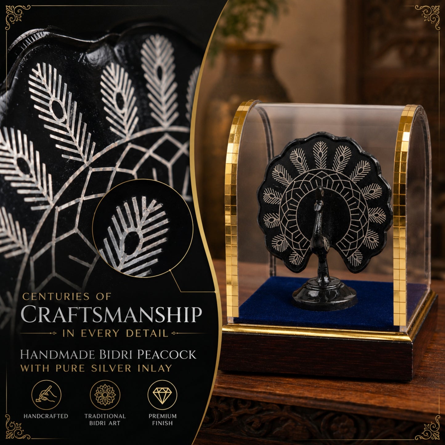 Handmade Bidri Art Peacock Showpiece with Pure Silver Inlay in Protective Dome for Home Décor & Luxury Gifting – 4 x 5.5 x 4 Inch