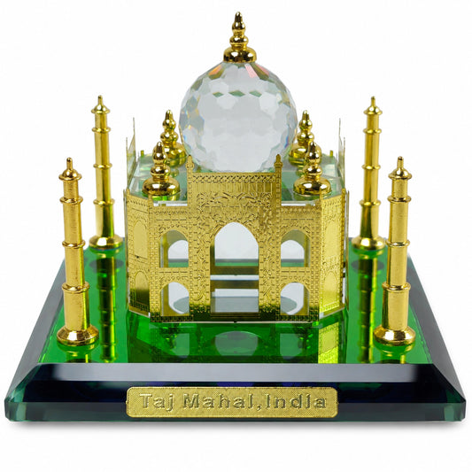 Crystal Taj Mahal Miniature Showpiece with Gold-Plated Finish & Faceted Crystal Dome | Premium Luxury Souvenir Gift for Home Decor, Office Desk & Collectors | 4 x 4 x 3.5 Inch