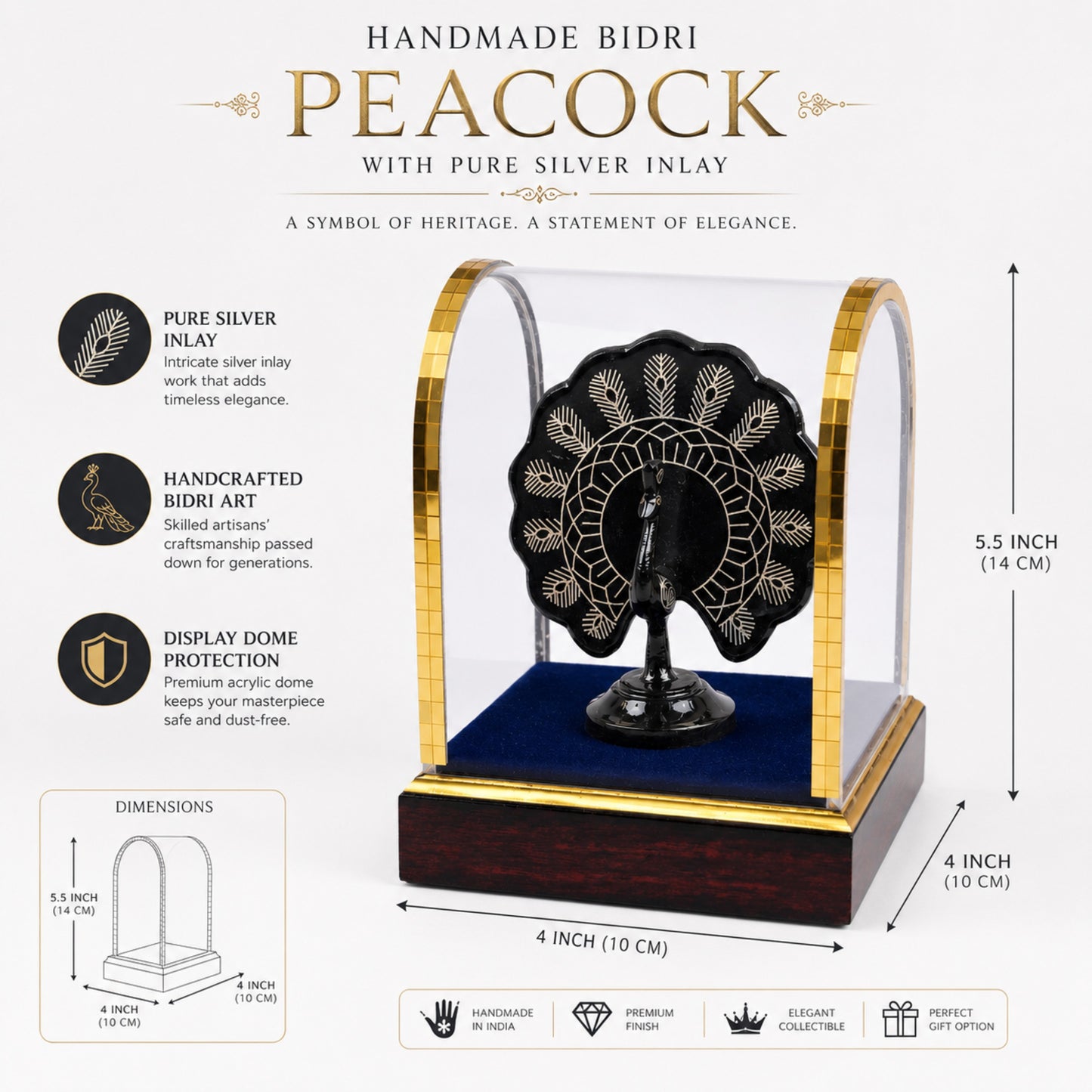 Handmade Bidri Art Peacock Showpiece with Pure Silver Inlay in Protective Dome for Home Décor & Luxury Gifting – 4 x 5.5 x 4 Inch