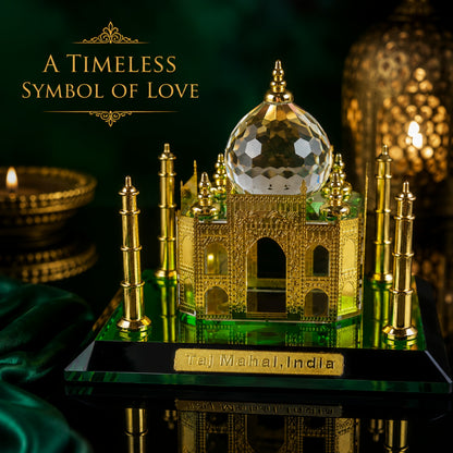 Crystal Taj Mahal Miniature Showpiece with Gold-Plated Finish & Faceted Crystal Dome | Premium Luxury Souvenir Gift for Home Decor, Office Desk & Collectors | 4 x 4 x 3.5 Inch
