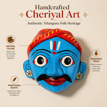 Cheriyal Mask Wall Decor 4x4 Inch – Handcrafted Telangana Folk Art, Traditional Indian Decorative Mask for Home, Office & Ethnic Interior Styling