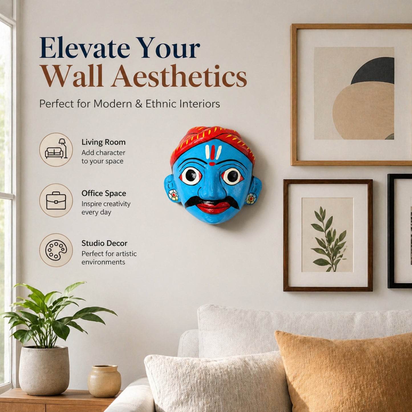 Cheriyal Mask Wall Decor 4x4 Inch – Handcrafted Telangana Folk Art, Traditional Indian Decorative Mask for Home, Office & Ethnic Interior Styling